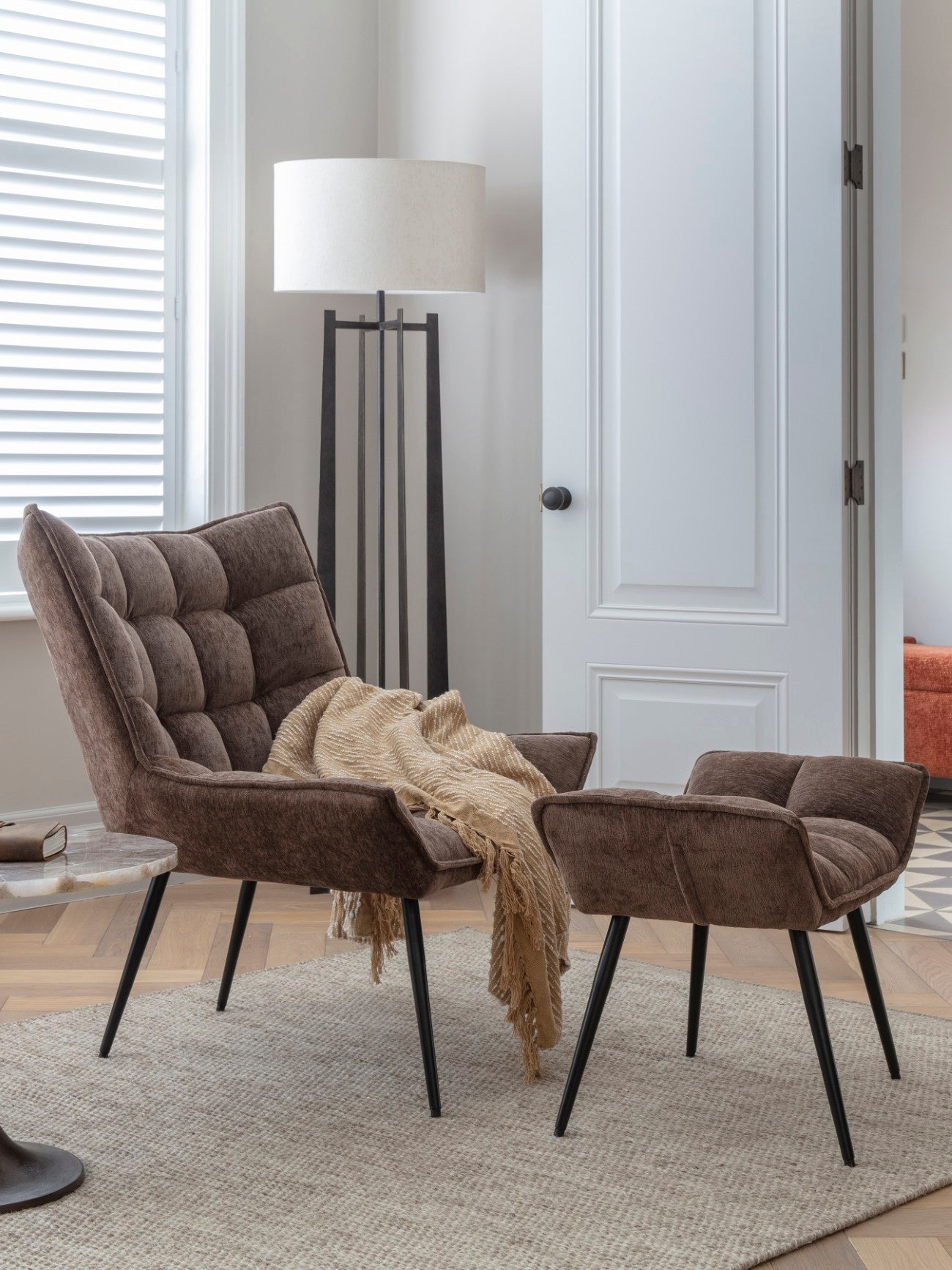 Chrishall Occasional Chair with Footstool in Brown Velour