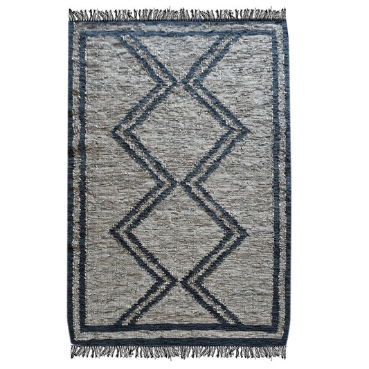 Konevo Hand Woven Pit Loom Beige & Charcoal Pattern 160x230cm Leather Rug