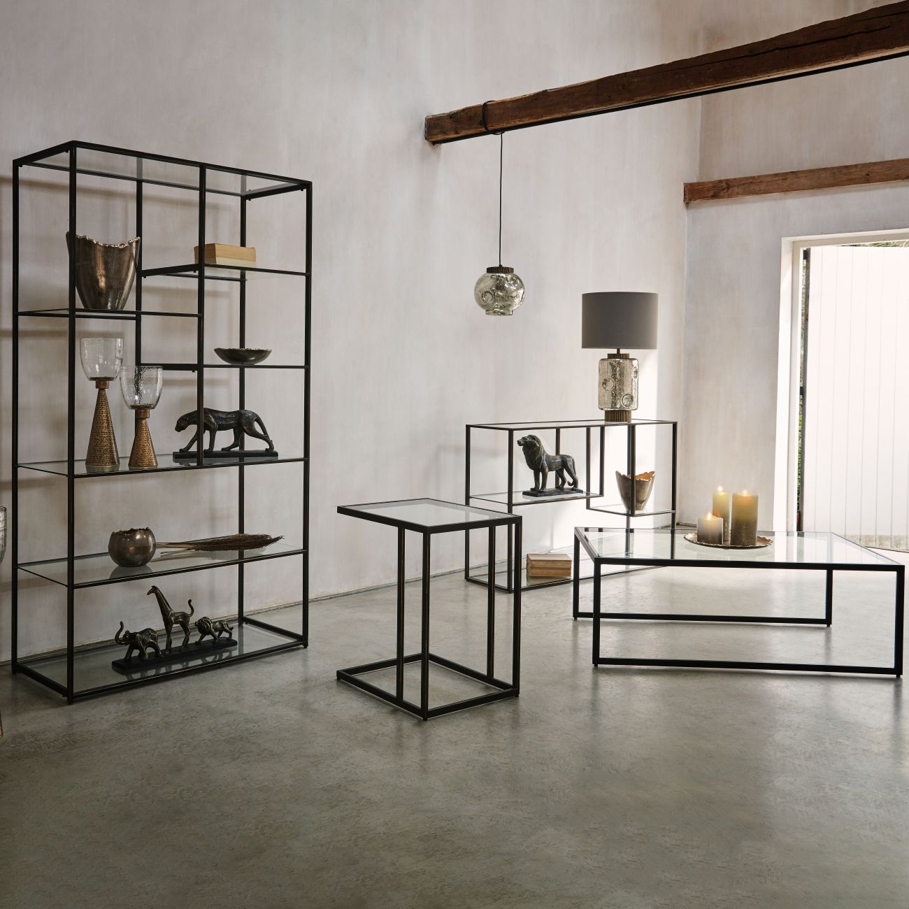 Deveraux Gilded Bronze Metal and Glass Tall Shelving Unit