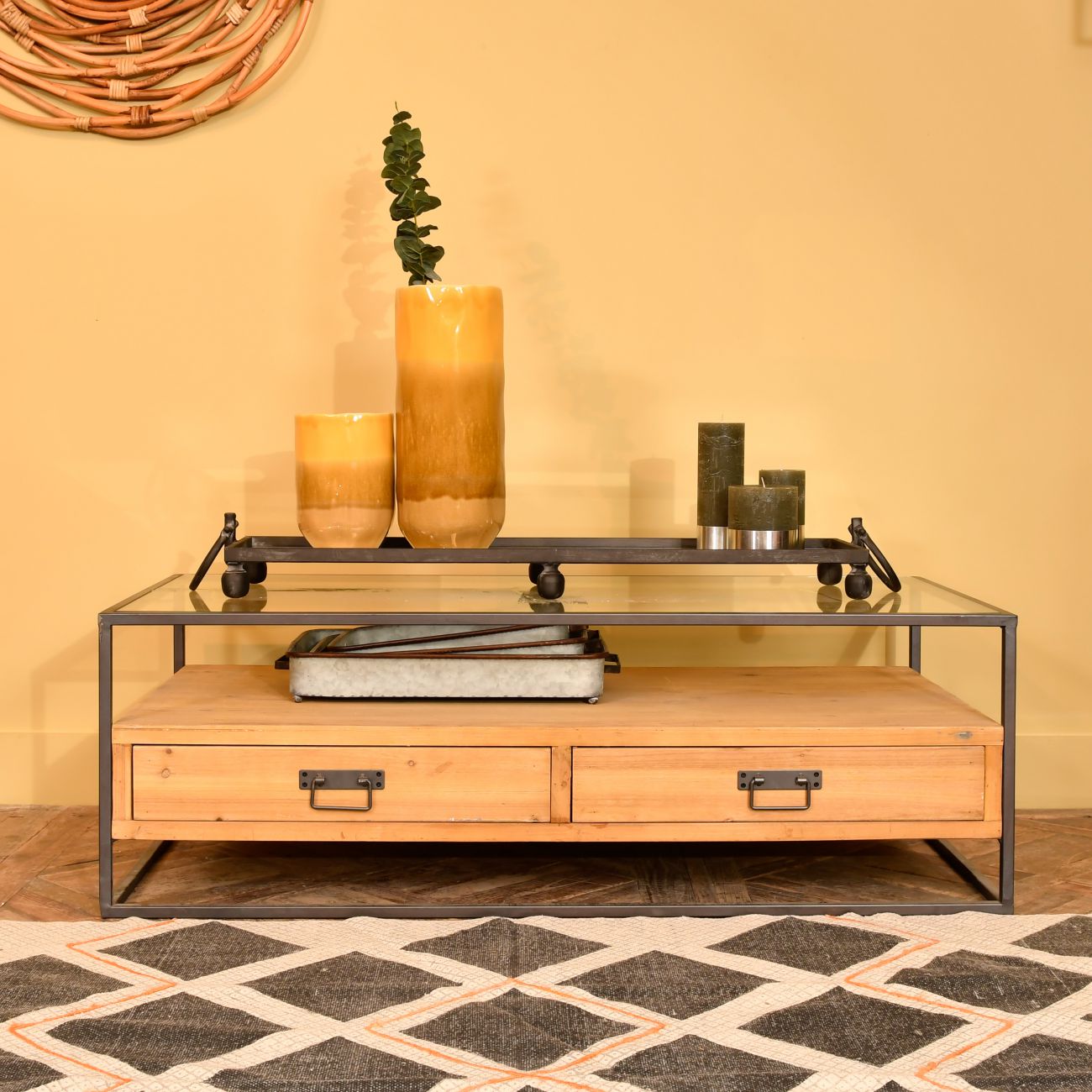 Black and Orange Geometric Print Cotton Rug, 120 x 180cm