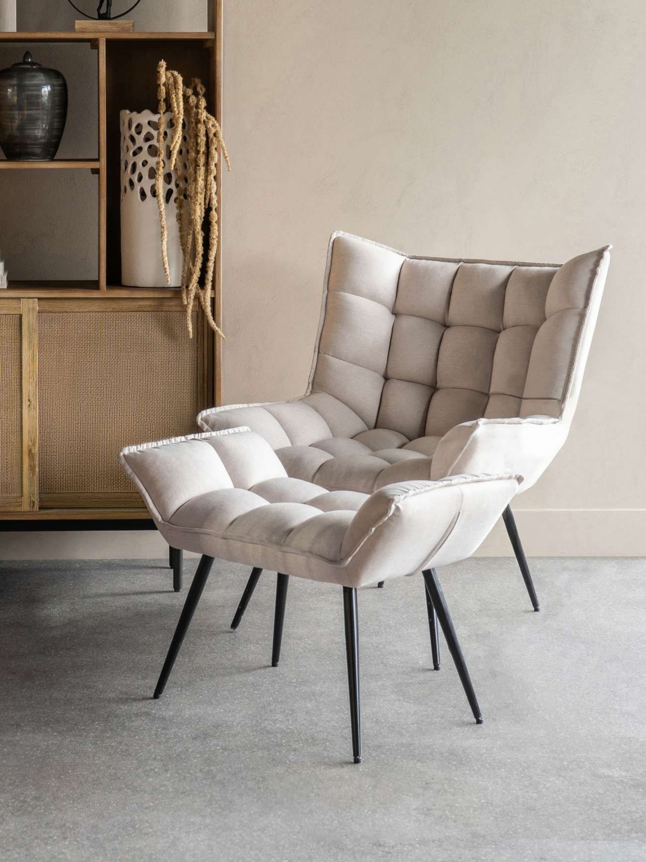 Chrishall Occasional Chair with Footstool in Oatmeal Fabric