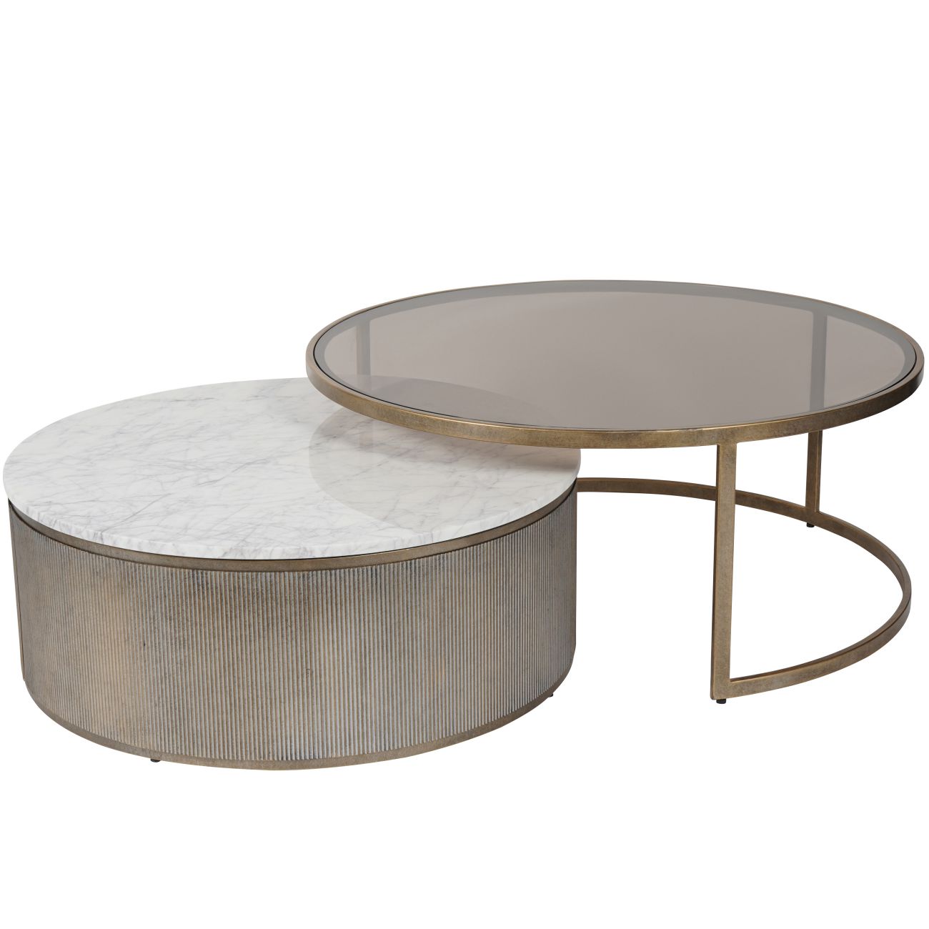 Belvedere Aged Gold Set of 2 Nesting Coffee Tables with Marble and Tinted Glass