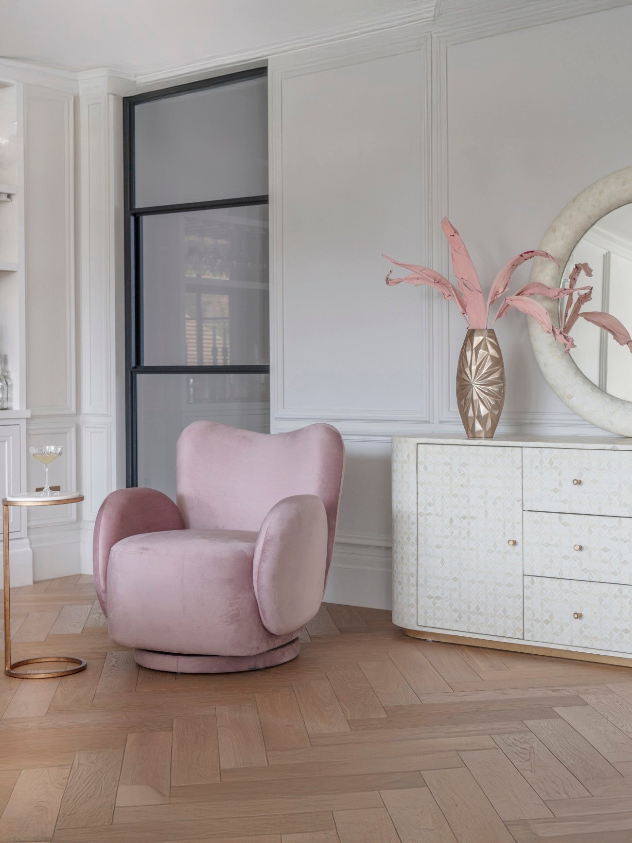 Bingham Upholstered Swivel Chair Soft Velvet Dusky Pink