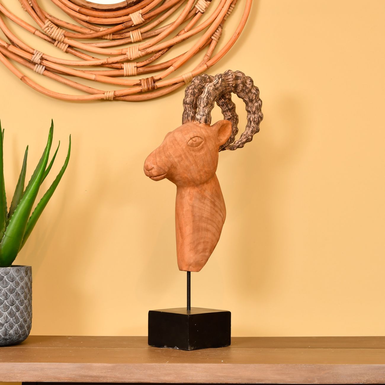 Wooden Ram Head Freestanding Sculpture