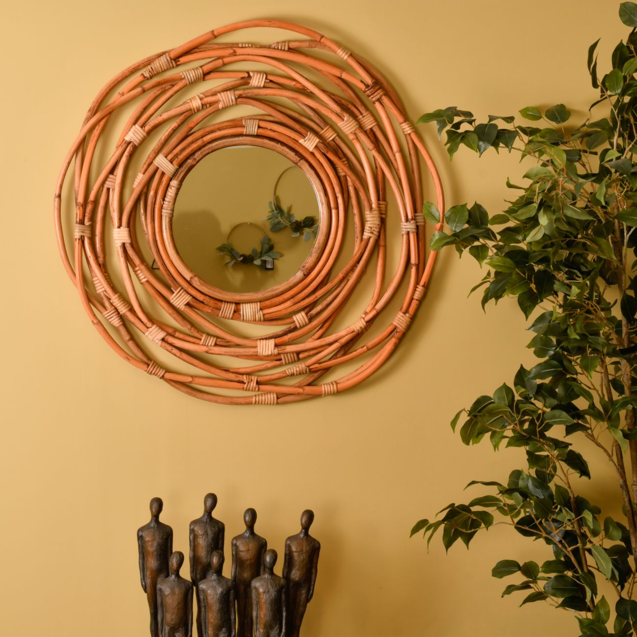 Natural Rattan Round Mirror in Brown with Looped Cane Frame