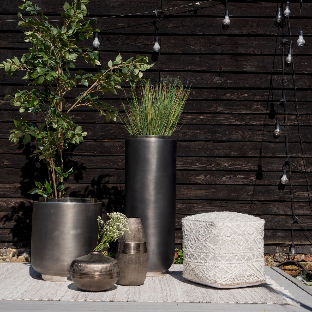 Arizona Silver rimmed burnished metal drum planter low