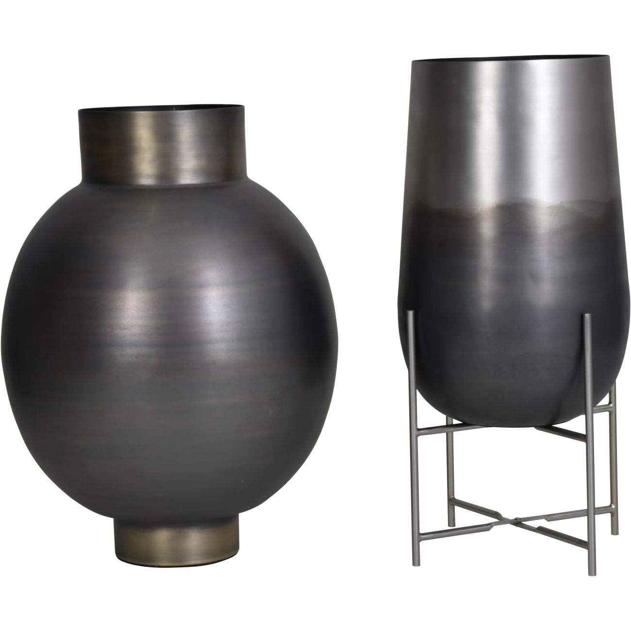 Arizona Bulbous Burnished Metal Planter with Antique Brass Rim and Base