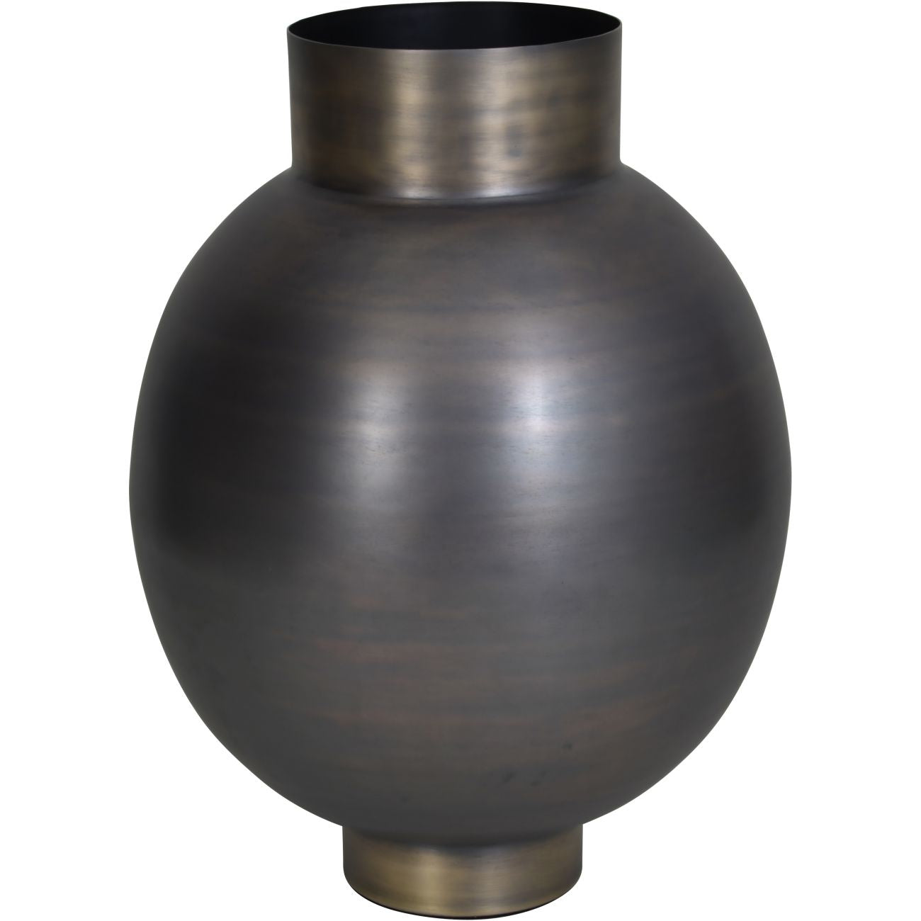 Arizona Bulbous Burnished Metal Planter with Antique Brass Rim and Base