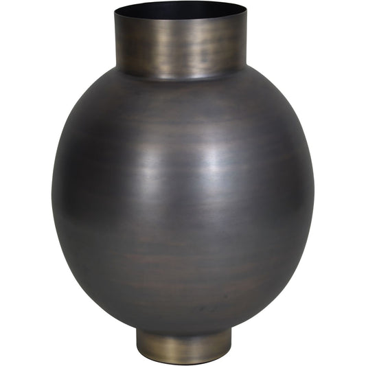 Arizona Bulbous Burnished Metal Planter with Antique Brass Rim and Base