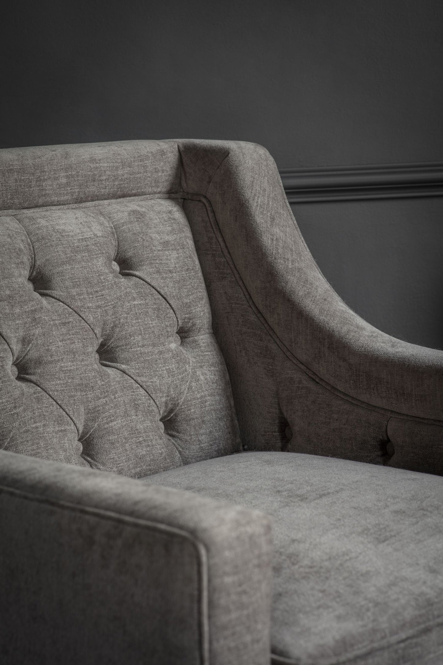 Theodore Buttoned Armchair in Warm Grey Fabric