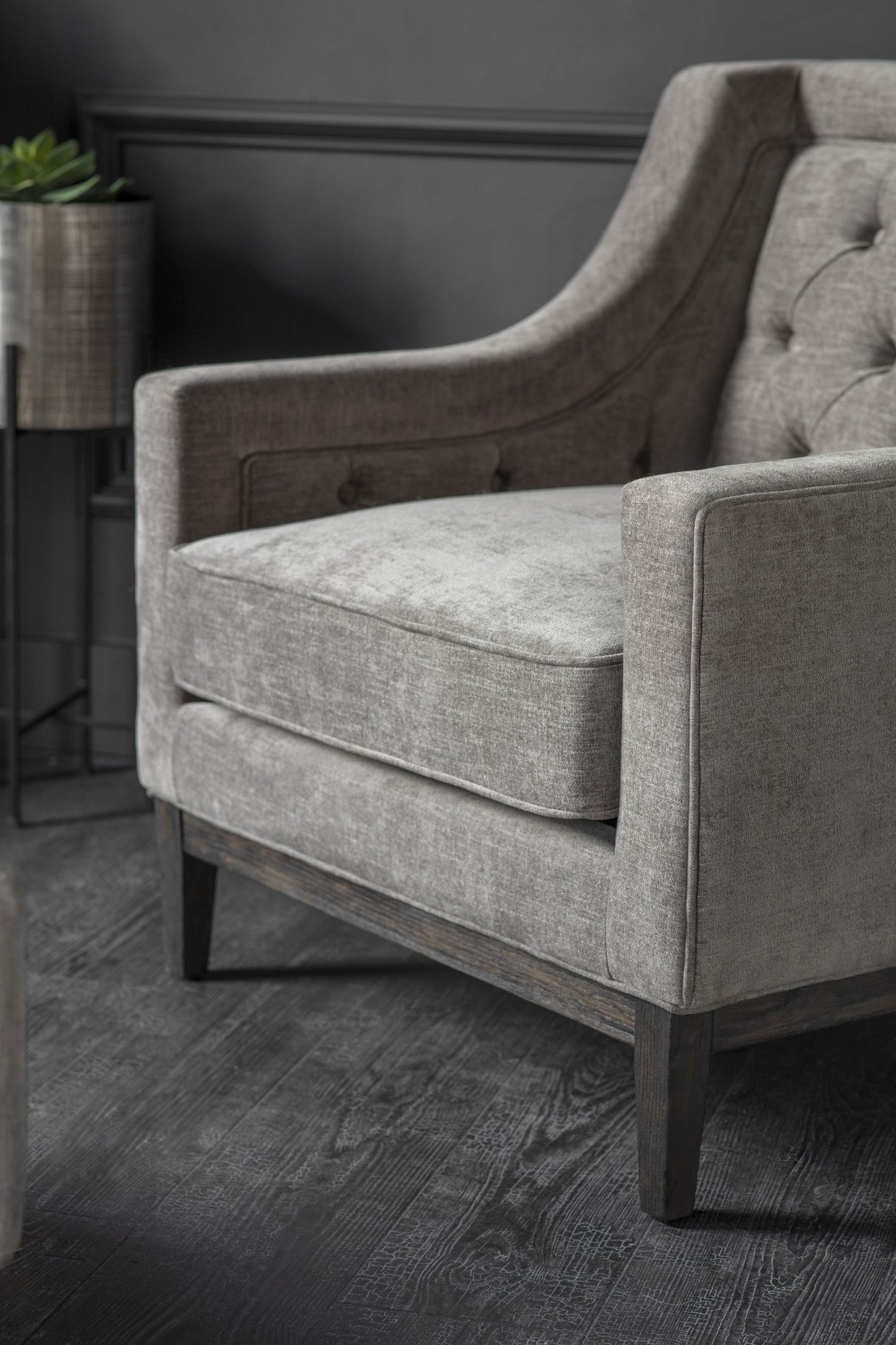 Theodore Buttoned Armchair in Warm Grey Fabric