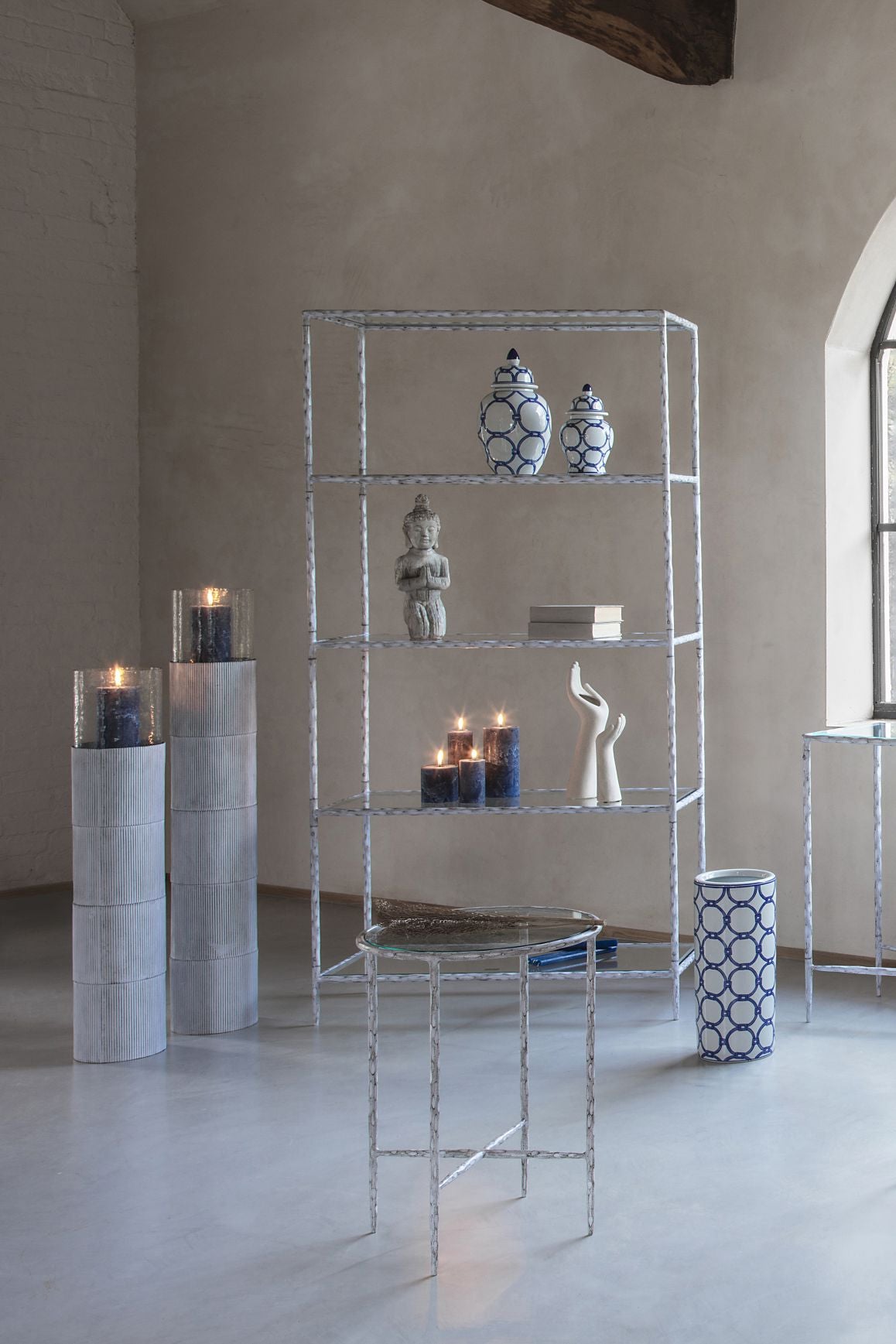 Patterdale Hand Forged Shelving Unit Table Chalk White with Glass Shelves