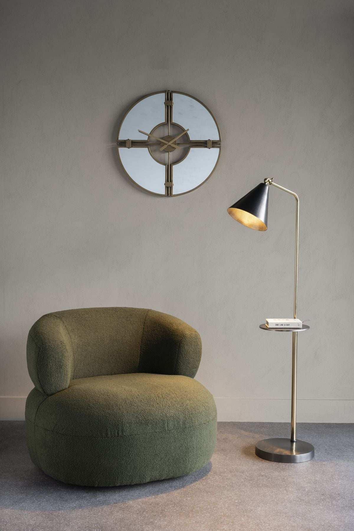 Amelie Brushed Floor Lamp in Satin Grey and Brass with Table