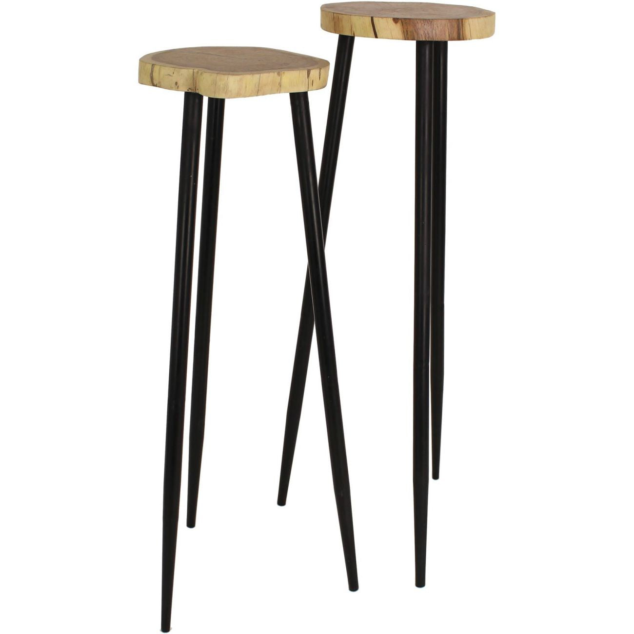 Set Of Two Tall Pillar Acacia Wood Side Tables