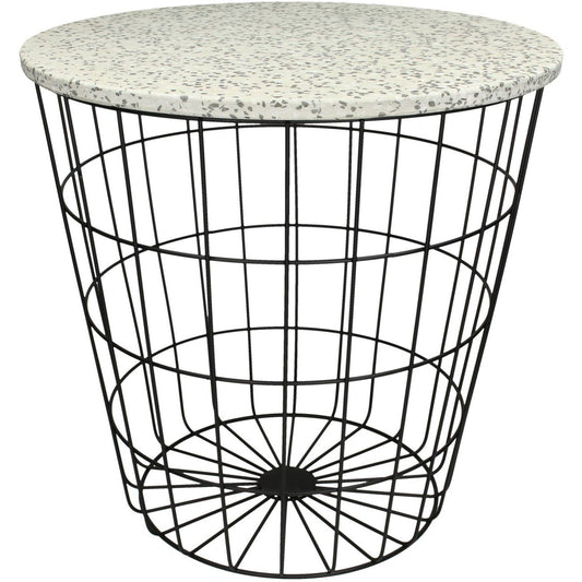 Terazzo Side Table In Grey And White With Black Metal Mesh Base