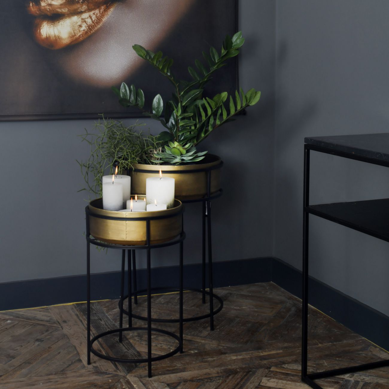 Gold Planter with Tall Black Metal Stand, Set of 2