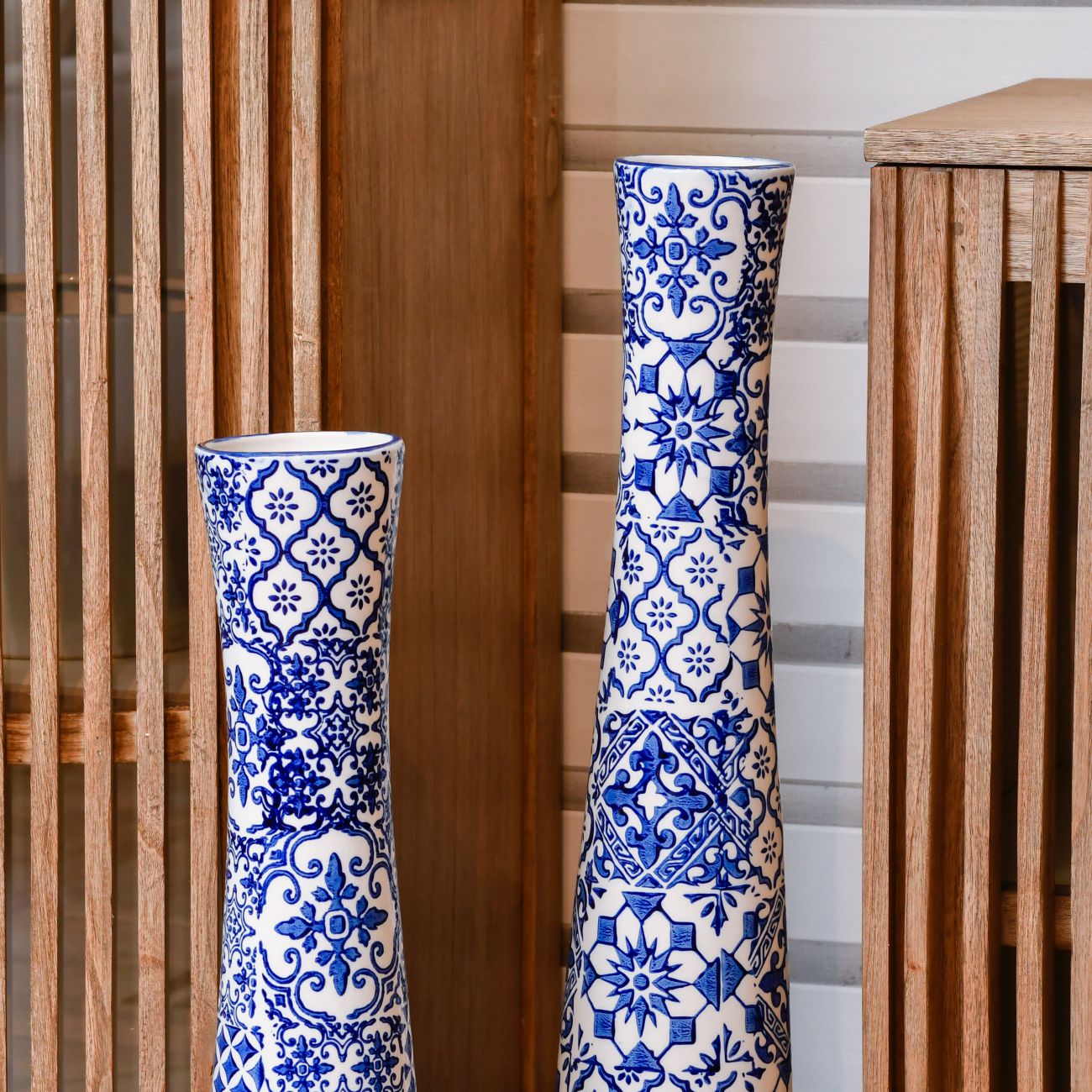 Tall Blue Tile Patterned Fine Earthenware Vase, 75 cm