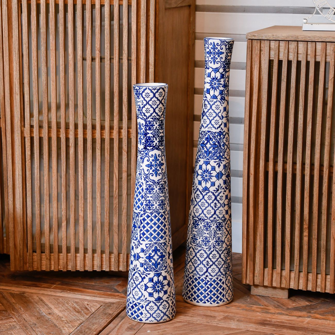 Tall Blue Tile Patterned Fine Earthenware Vase, 75 cm