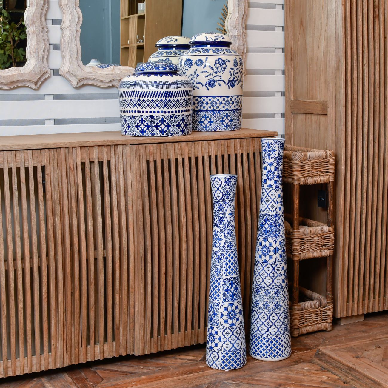 Tall Blue Tile Patterned Fine Earthenware Vase, 75 cm